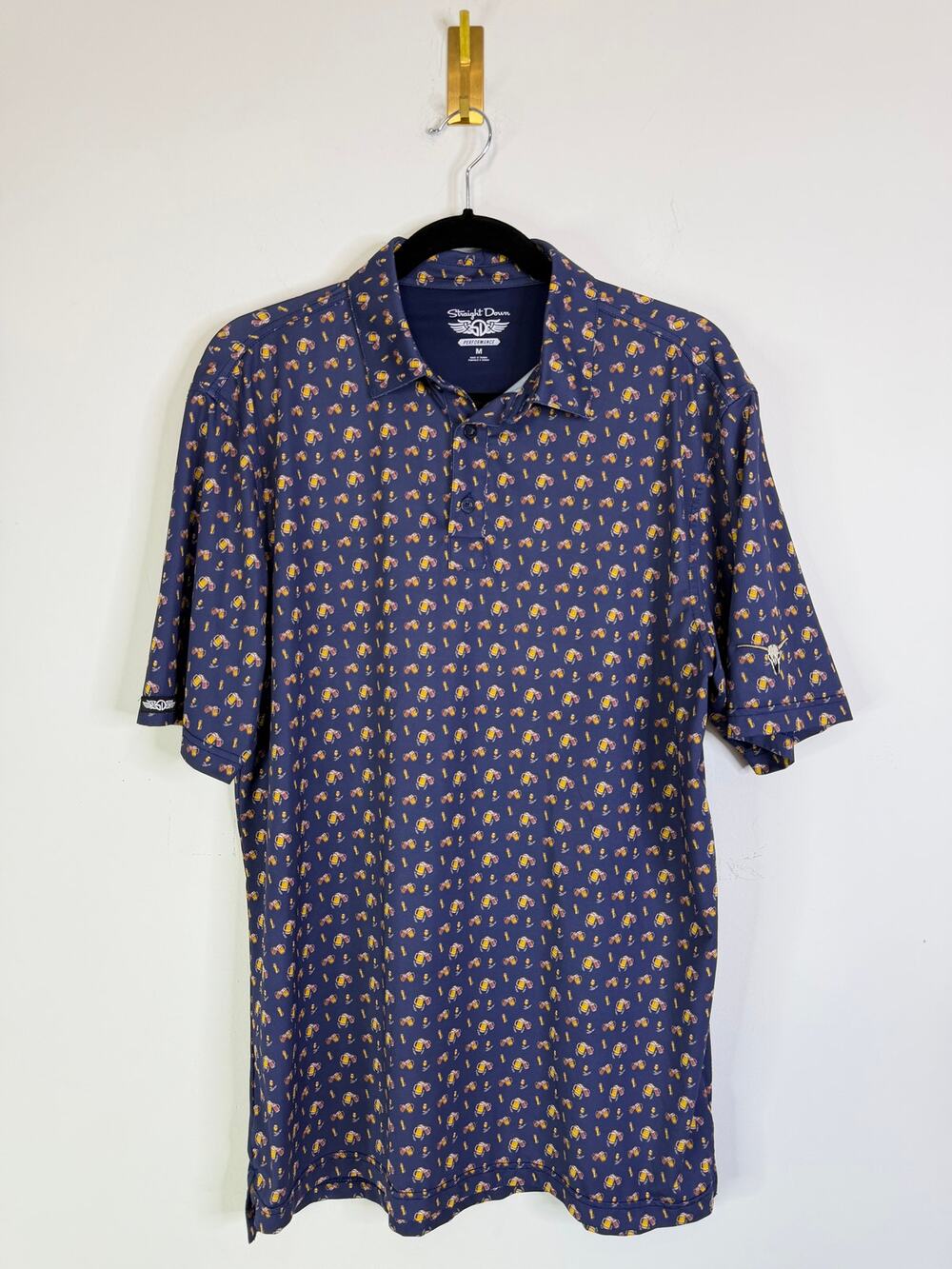 Straight Down Mens Medium Beer Mug Print Performance Golf Polo Shirt Navy Blue